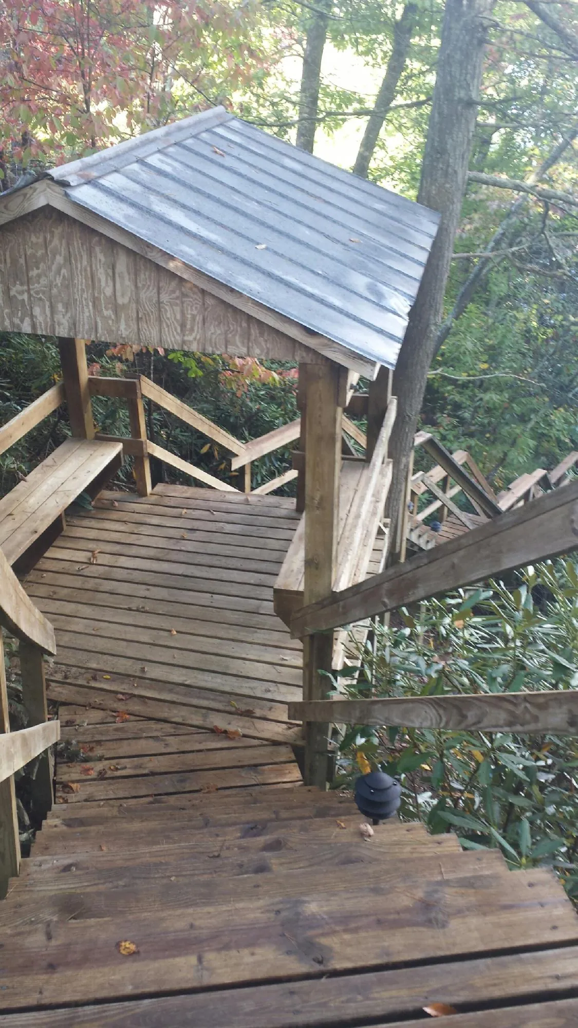 Metal roofed shelter over wooden steps on a wooded walkway — Skylight Repair & Installation work by our crew in Hopkinsville
